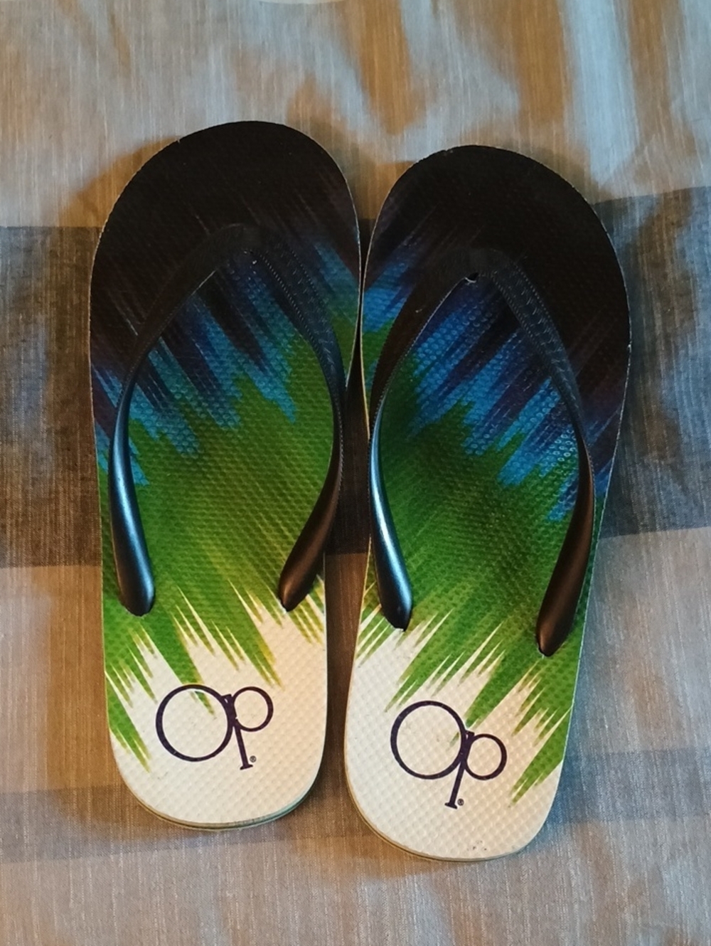 OP Men's Black Strap Flip Flops with Green and Blue Graphic Footbed